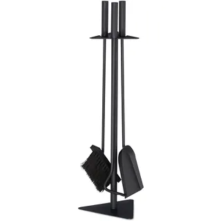 Relaxdays 4-Piece Steel Fireplace Tool Set Kaminbesteck, 4-teilige Kamingarnitur mit Schaufel, Besen, Schürhaken & Halter, Ofenbesteck modern, schwarz, 80% Stahl, Holz, 10% Kunststoff