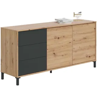 Habitdesign, modernes Sideboard mit 2 Türen und 3 Schubladen – Buffet & Beistellschrank für Wohnzimmer oder Esszimmer in Eiche Nodi & Anthrazit, Maße: 154 x 74 x 41 cm (B x H x T), Modell Brooklyn