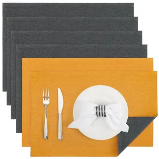Banchif Tischsets abwaschbar doppelseitig Platzset Platzdecken abwaschbar | Platzsets abwaschbar Leinenimitat 6er Set doppelseitige Tischsets maschinenwaschbar rechteckig Platzdecken (Grau-Gelb)
