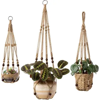 Set aus 3 Pflanzenhängern Indoor Pflanzkorb Hängender Blumentopfhalter Jute-Seil mit Perlen ohne Quasten Jute-Seil 58cm/73cm/89cm