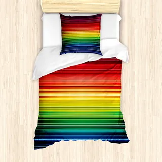ABAKUHAUS Abstrakt Mantele, Regenbogen-Streifen Neon, Milbensicher Allergiker geeignet mit Kissenbezügen, 135 cm x 200 cm - 80 x 80 cm, Mehrfarbig