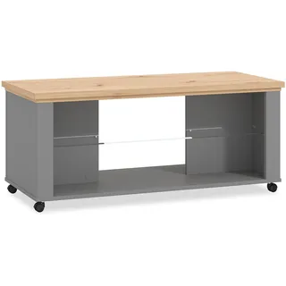 Homestyle4u Couchtisch Holz Glas Grau Rechteckig Wohnzimmertisch Holztisch Tisch mit Rollen - Grau