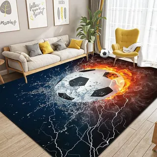 Dai Lufei Fussball Teppich FußBall, Fußballplatz Visueller 3D-Fußballteppich Eisfeuer Flammen Bedruckt Großflächige Teppich Sport Fußballplatz Bodenmatte Jugendzimmer Fußballteppich, 100x180cm