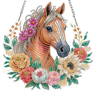MXJSUA DIY Blumen Pferd Diamond Painting Anhänger mit Kette Erwachsene, Diamant Painting Fensterbilder Hängende Ornament Bastelset Set für Wand Und Eingang Decor 20x20CM