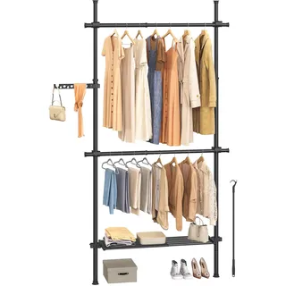 SONGMICS Teleskopstange Kleiderständer, 3-stufige Garderobe, höhen- und breitenverstellbar, offener Kleiderschrank mit 2 Kleiderstangen und Abnehmbarer Ablage, Greifarm, Mattschwarz HSR136B01