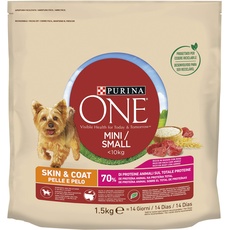Purina One Mini < 10 kg Leder und Fell Kroketten für kleine Hunde, Rindfleisch und Reis, 6 Packungen mit je 1,5 kg