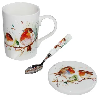 Weihnachten Tassen Untersetzer und Löffel Set Fein China Geschirr - Winter Robin