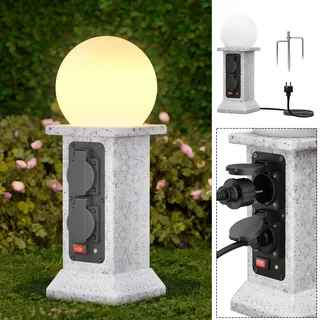 Wegeleuchten Außen mit 4 Steckdosen, Bewegungsmelder, Lichtsensor, Höhe 38 cm, 3m-Kabel, Marmor-Optik, LED, IP44 Gartenlampe Gartenleuchten mit Strom für Terrasse, Garten, Rasen
