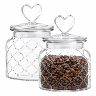 GOEDCH 2 Stück 950ml Candy Bar Gläser: Herzförmiger Deckel Bonbonglas, Versiegelter Glasbehälter, Dekorative Vorratsgläser, für Küche Süßigkeiten Keks Kaffee Vorrat, Liebe Design, Transparent, 11×19cm