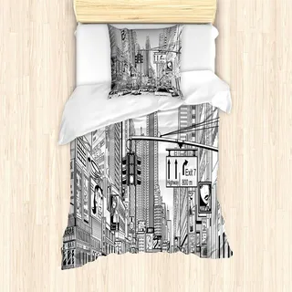 ABAKUHAUS New York Bettbezug Set, Monochrome Sketch-Zeichnung von Downtown Manhattan Traffic Jam Advertisements, 135 x 200 cm + 80 x 80 cm, Schwarz und weiß