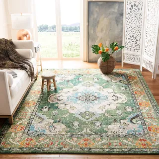 Safavieh Boho Teppich für Wohnzimmer, Esszimmer, Schlafzimmer - Monaco Collection, Kurzer Flor, Waldgrün und Hellblau, 160 x 160 cm