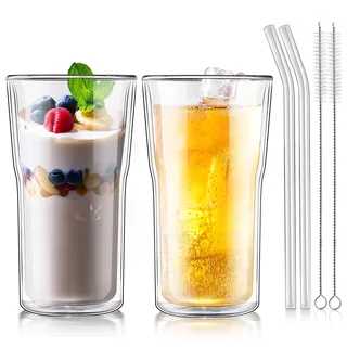Joeyan 500ML Groß Doppelwandige Kaffeegläser, Latte Macchiato Gläser 2er Set,Borosilikatglas Kaffeetassen,Teegläser,Durchsichtig Thermogläser für Eiskaffee,Saft,Eistee,Iced Americano,Getränke,Bier