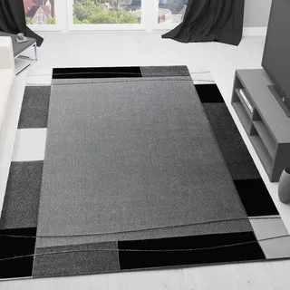 VIMODA Teppich Modern Klassiker Kurzflor dicht gewebt mit Bordürenmotiv grau weiß schwarz und Konturenschnitt, Maße:160 x 230