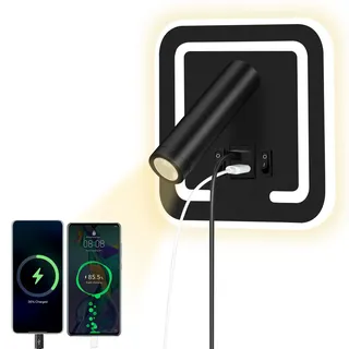 HUIZHOU LED Leselampe Wand 3W+9W, Dimmbar & Drehbar, 3000K Warmweiß, Moderne Wandleuchte mit Schalter, Bettlampe für Schlafzimmer & Büro (Quadrat schwarz)