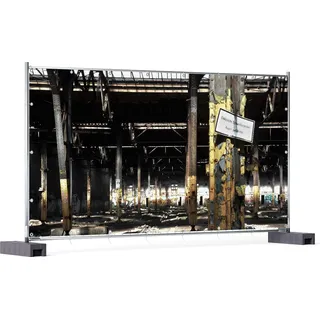 Wallario XXL Outdoor-Poster für Garten oder Balkon, Motiv Verlassene alte Fabrik-Halle mit leuchtenden Sonnenstrahlen, in ca. 340 x 173 cm - Schwarz