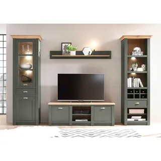Home affaire Wohnwand "Cambridge, moderne Anbauwand, Metallgriffen, Komplettset, Landhausstil" Set, 4 Stk. tlg., grün, grün, applikation wotan eiche dekor