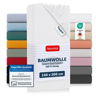 Blumtal® Basics Spannbettlaken Topper 140x200cm Jersey - Bettlaken 140x200cm aus 100% Baumwolle - Oeko-TEX zertifiziertes Spannbetttuch 140x200 - Topper Spannleintuch 140x200 - Betttuch - Weiß