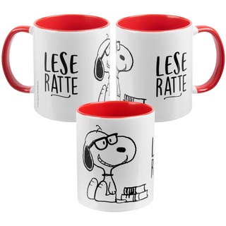 UNITED LABELS The Peanuts Tasse Snoopy - Leseratte Kaffeetasse Becher Kaffeebecher aus Keramik Rot Weiß 320 ml