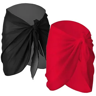 Damen Chiffon Sarong Pareo,2er Pack Sarong Chiffon Strand Frauen Badeanzug Wickelkleid Wickelrock Strandkleid Bikini Cover Up Badeanzug Wickelkleid Rock für Urlaub Schwimmen Schwarz+Rot