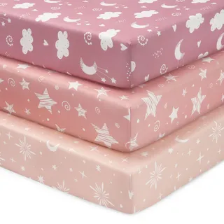 FIEMOL Baby Spannbettlaken 60x120cm Babybett Spannbetttuch, 3er-Pack Mikrofaser Bettlaken Für babybetten, Ultrasanft & Seidigglatt Bettlaken Rosa Sterne Mond