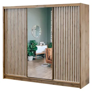 Masseno Schiebetürenschrank DRAVEN 250/215/60,5 cm 3-türig mit Spiegel Eiche Wotan