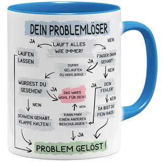 OM3® lustige Problemlöser Kaffee-Tasse mit Spruch - Problemlösung auf der Arbeit - Flowchart Diagramm - Keramik Becher - 11oz 325ml - Beidseitig Bedruckt - Hellblau