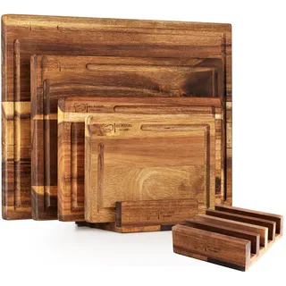 Schneidebrett Holz 4er Set mit stabilem Ständer, Akazienholz Küchenbrett | 4 massive Akazienholz Schneidebretter mit Saftrille und Brettständer, Holzbrett Küche für Brot, Käse und Brotzeit