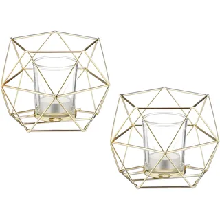 Relaxdays Teelichthalter, 2er Set, Metall, geometrisch, H x B x T: 10 x 13 x 12 cm, Kerzenständer mit Votivglas, Gold