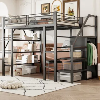 Flieks Etagenbett 140x200cm mit Schreibtisch und Bücherregal, Kinderbett Jugendbett mit Rausfallschutz, Hochbett mit Treppe und Garderobe, Schwarz - Schwarz