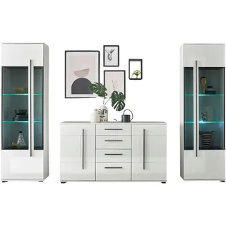 furn.design Wohnwand weiß Hochglanz Schrankwand Sideboard 2x Vitrine 290 cm, Design-D, Soft-Close weiß 290 cm X 200 cm