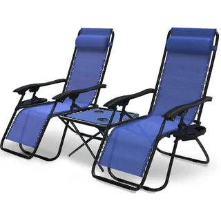 VOUNOT 2er-Set Liegestuhl Klappbar mit Beistelltisch, Relaxstuhl Garten mit Getränkehalter und Kopfpolster, Blau