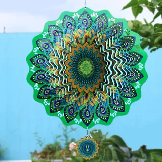 TFANUO 3D Mandala Windspiel 30cm Edelstahl Hängender Windspinner Metallkunst kinetische Dekor Garten Draußen Dekorationen (Pfauengrün)