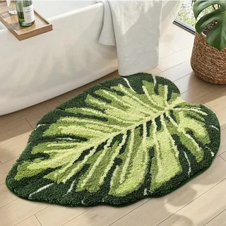 DEXI Blattförmige Badematte, 80 x 120 cm, Monstera Mittelgrün | Saugfähig, rutschfeste Rückseite, waschbar, Monstera-Motiv, für Badezimmer, Dusche, Schlafzimmer und Kinderzimmer