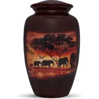 XXL Urne für Asche - 3,5 Liter - Metallurne für Mensch und Tier - Einzigartige Dekorationsurne - Elefanten im Sonnenuntergang