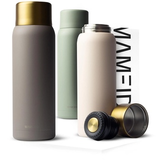 MAMEIDO Thermoskanne 1l mit Becher aus Edelstahl, Isolierkanne bis zu 12h heiß, auslaufsichere Thermosflaschen 100% BPA frei, Kaffee & Tee unterwegs (Taupe Grey Gold, 1000ml)