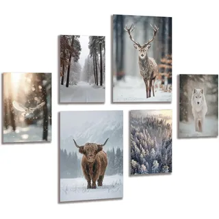 LAVEMA Winter Bilder Wohnzimmer Poster Set Schnee Ästhetische Wanddeko Hochlandrind Hirsch Wolf (ohne Bilderrahmen) Wandbilder Weihnachten Modern Aesthetic Skandinavisch Schlafzimmer Flur Winter Deko