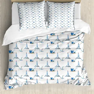 ABAKUHAUS Leuchtturm Bettbezug, Hand gezeichnet Strand, Milbensicher Allergiker geeignet mit Kissenbezügen, 200 cm x 200 cm - 80 x 80 cm, Blau Weiss - Blau