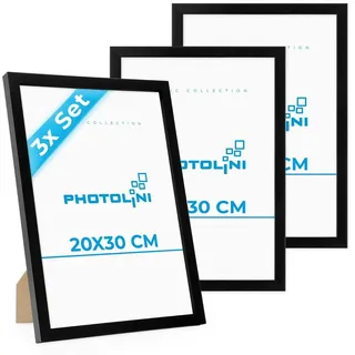 PHOTOLINI Bilderrahmen 20x30 Schwarz MDF-Holz, 3er Set Poster-Bilderrahmen 30x20 cm, bruchsicheres Acrylglas, zum Aufhängen & Aufstellen, extra Zubehör - für Fotos & Poster