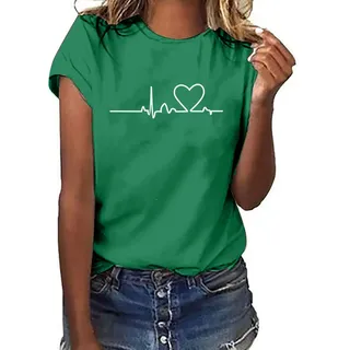 Tshirt Damen Lässige Elektrokardiogramm Druck Oberteile Herzschlagkurve Pullover T-shirt Einfarbiges Basic Shirt Rundhals Kurzarm Sommer Tops Lockere All-Match Tunika Bluse Laufshirt Sportshirt