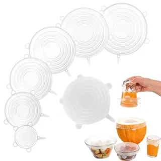 6 Stück Silikondeckel Dehnbar, 6 Verschiedene Größen Silikon Deckel Wiederverwendbar, Deckel für Joghurt, Schüsseln, Becher, Dosen, Kompatibel mit Bar Keepers Friend Deckelabdeckung Reiniger