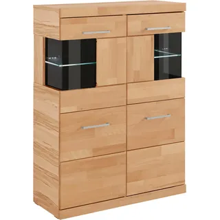 Home affaire Highboard »Ribe,85cm breit,115cm hoch, Fronten Massivholz,4 breite Fächer« Korpus Holzwerkstoff,2Türen mit Glaseinsatz, Böden versetzbar, beige
