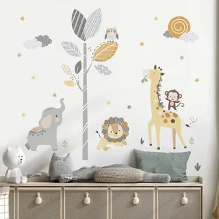 decalmile Wandtattoo Safari Tiere Baum Wandaufkleber Dschungel Elefant Giraffe Löwe Wandsticker Babyzimmer Kinderzimmer Schlafzimmer Wanddeko