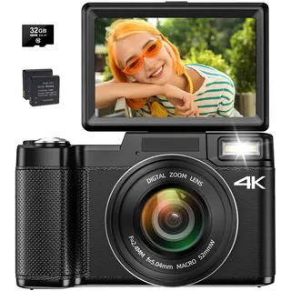 4K-Digitalkamera für Fotografie, Autofokus, 48 MP Vlogging-Kamera für YouTube mit 16-facher Digitalzoom-Makrokamera, 7,6 cm (3 Zoll) 180° Flipscreen, kompakte Videokamera mit anhebbarem Blitz,