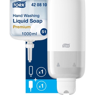 Tork Seifenspender für Flüssigseife - Sparsames, auslaufsicheres S1/S11-Spendersystem, Weiß + Flüssigseifen-Nachfüllpackung, 1 x 1000 ml