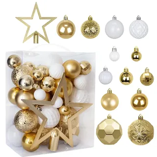 Weihnachtskugeln Set mit Spitze ∅8cm~3cm 50 Stück,Kunststoff Christbaumkugeln mit Baumspitze,Baumschmuck Weihnachten,Bruchsicher Plastik Weihnachtsbaum Dekorationsset-Gold Weiß