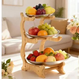 AOOGON Obst Etagere, Obstschale, 3 Stöckig Edelstahl Obstteller mit Natürlichem Bambus Ständer Servierteller für Obst, Kuchen, Süßigkeiten