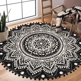 KIMODE Boho-Teppich, rund, weich, maschinenwaschbar, rutschfest, Mandala-Motiv, Wohnzimmer, Schlafzimmer, Pompons, Fransen