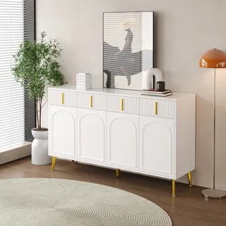 MODFU Kommode Sideboard mit 4 Türen und 4 Schubladen, Schrank Buffet mit abnehmbarem Laminat für Wohnzimmer, Schlafzimmer, Kinderzimmer, Jugendzimmer und Büro, Weiß - Weiß