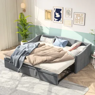 ProximaX Ausziehbares Tagesbett 90x200cm/180x200cm: Vielseitiges Schlafsofa mit Lattenrost, Armlehnen und Samtpolsterung - Ideal als Kinderbett oder Sofabett in Grau - Grau