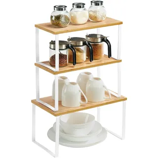 Gewürzregal, 3er Set Küchen-Organizer, Küchenregal, stapelbar, erweiterbar, Metall und Holzwerkstoff - Weiß